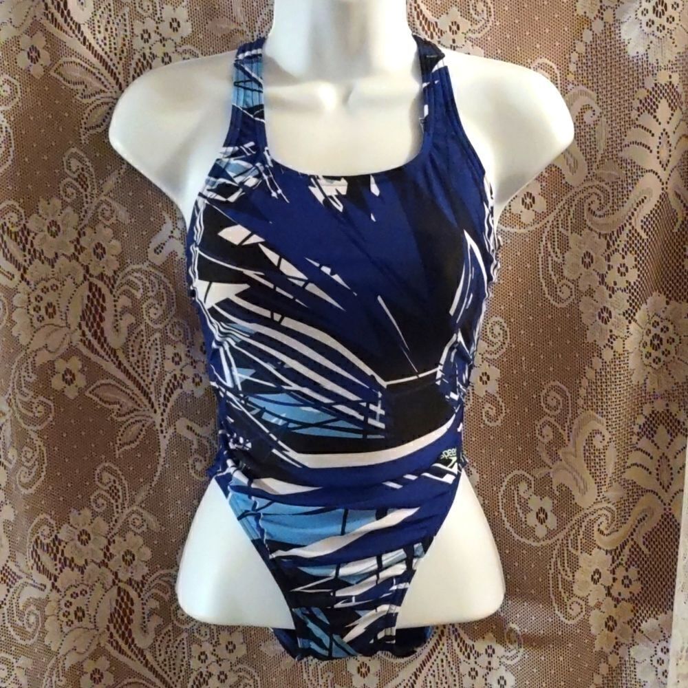 Speedo size 6 racer back black blue geometric swimsuit no built in bra one piece